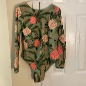 Aguabendita Sage/Coral Floral High Neck High Leg LS Rashguard Swimsuit 17